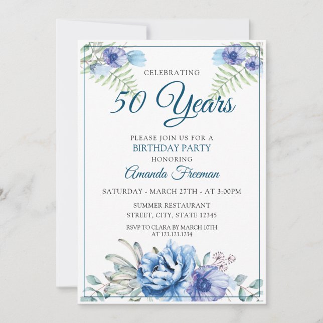 Invitation Fête des mères florales blanches et bleues (Devant)