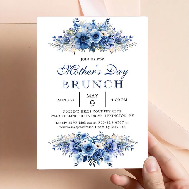Invitation Fête des Mères Florales Bleues Brunch Party (Créateur téléchargé)