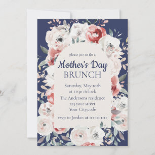 Invitation Fête des mères florales Brunch Navy Blue Invitatio