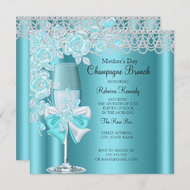Invitation Fête des mères Joli Rose Turquoise Champagne Brunc (Devant / Derrière)