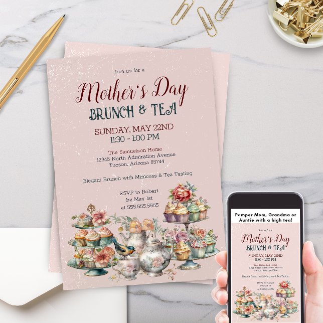 Invitation Fête des Mères Victoriennes Élégante Brunch Tea Pa (Elegant Victorian Mother's Day Tea Party Invitation with Floral Greenery and Vintage Pastries)