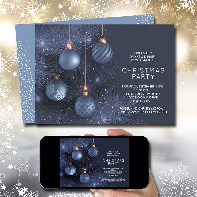 Invitation Fête des ornements de Noël bleu (Blue Christmas Tree and Ornaments Holiday Party Invitations)