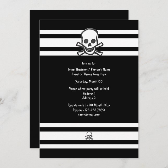 Invitation Fête des os élégants en noir et blanc (Devant / Derrière)