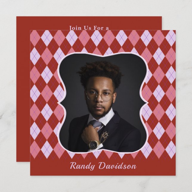 Invitation Fête des pères Ajouter Photo Red Pink Jacquard Din (Devant / Derrière)