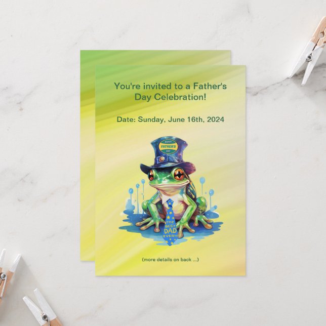 Invitation fête des pères "Hoppy" Grenouille Top Chapeau et C (Devant/Arrière en situation)