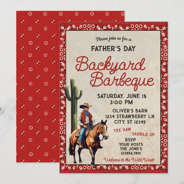Invitation Fête des pères Western Cowboy Barbeque (Devant / Derrière)