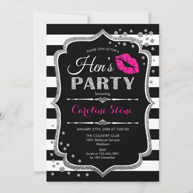 Invitation Fête des poules - Argent rose noir (Devant)