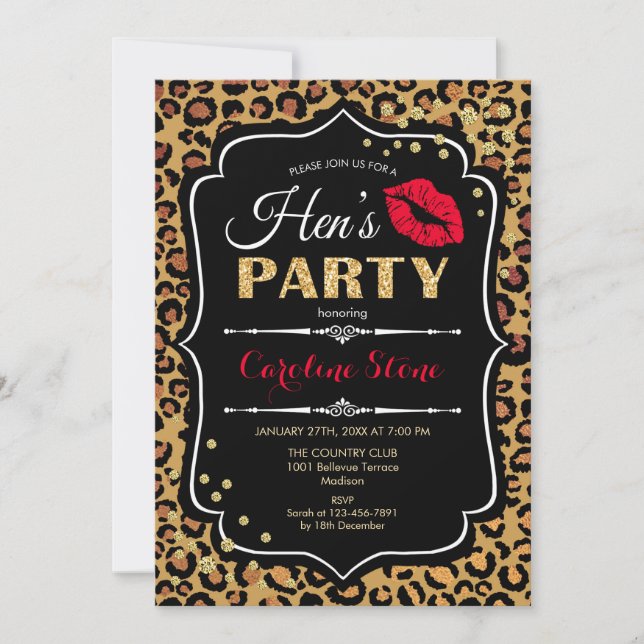 Invitation Fête des poules - Empreinte de léopard Black Red G (Devant)