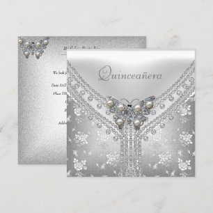 Invitation Fête des Quince Ans Anniversaire Papillon Argenté 