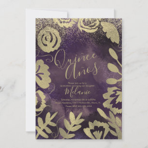 Invitation Fête des quinze ans Faux Glitter Violet Floral Or