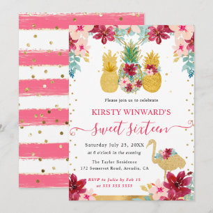 Invitation Fête des seize ans rose et or : Pineapples et flam