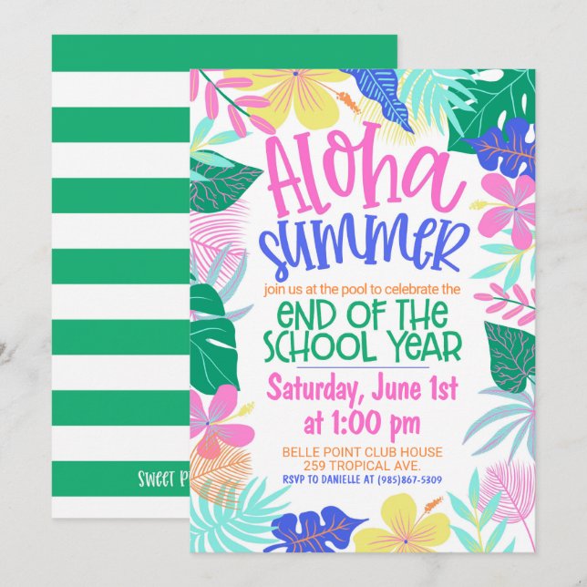 Invitation Fête d'été Aloha de fin d'année scolaire (Devant / Derrière)