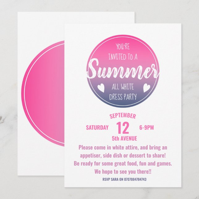 Invitation fête d'été coucher de soleil rose (Devant / Derrière)