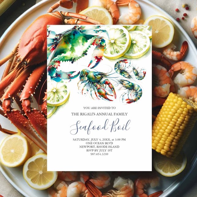 Invitation Fête d'été de la bouillie de fruits de mer Invitat (Seafood boil invitations watercolor crab shrimp and crawfish with lemons slow country boil)