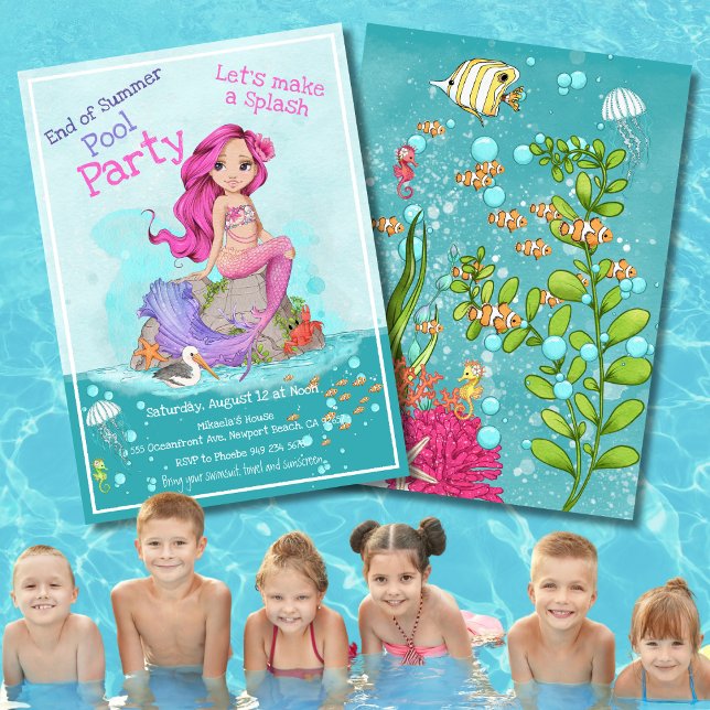 Invitation Fête d'été de la fille de sirène rose lunatique (Créateur téléchargé)