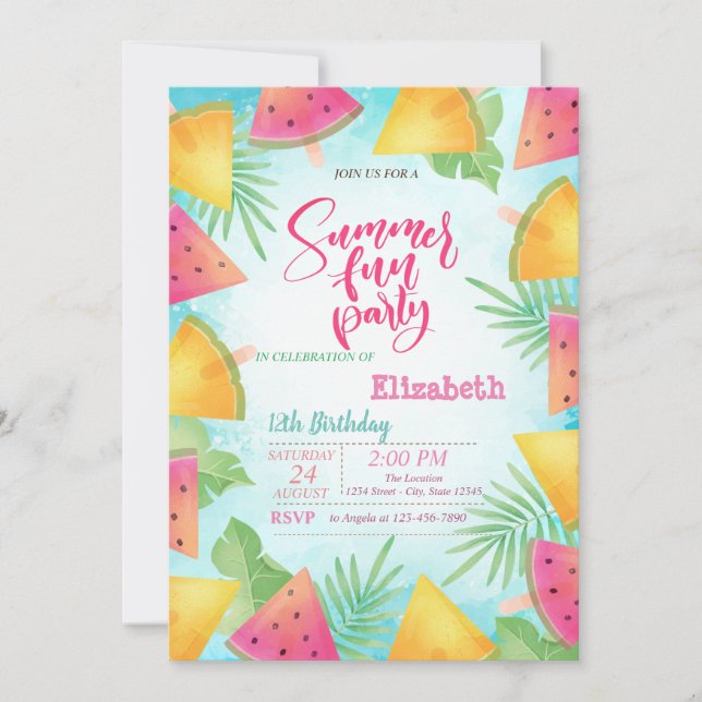 Invitation Fête d'été de la pastèque Palm Feuille (Devant)