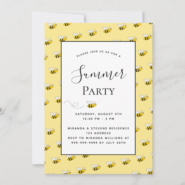 Invitation Fête d'été heureux bumble abeilles jardin bbq invi (Devant)