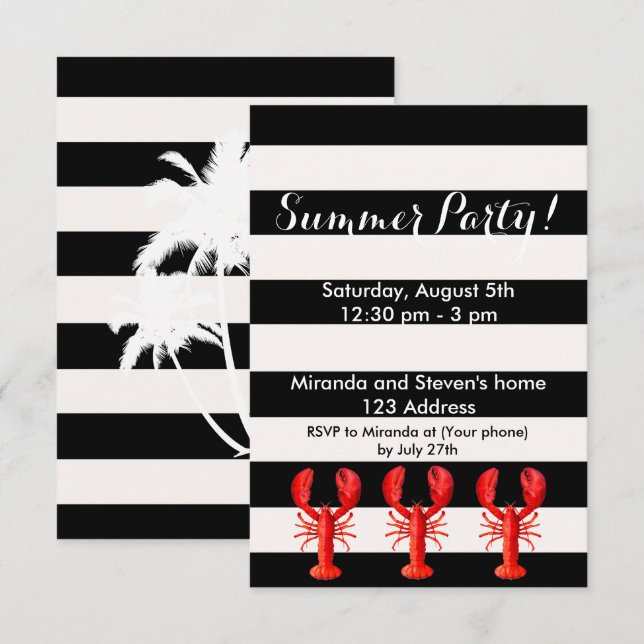 Invitation Fête d'été homards rouges noir blanc (Devant / Derrière)