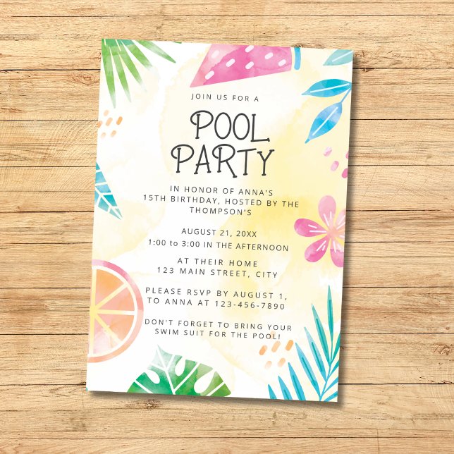 Invitation fête d'été piscine à l'aquarelle (Créateur téléchargé)