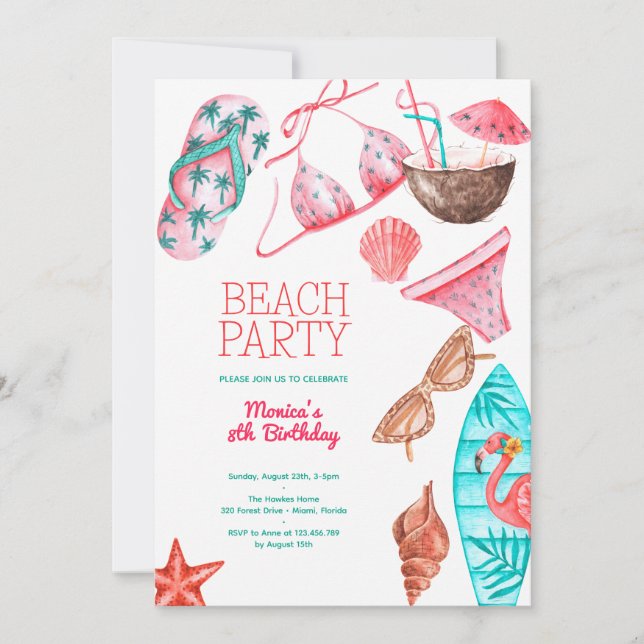 Invitation fête d'été sur la plage watercolor (Devant)
