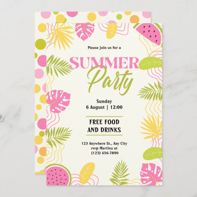 Invitation Fête d'été tropicale verte et rose (Devant / Derrière)