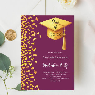 Invitation Fête d'études bourgogne en or confetti