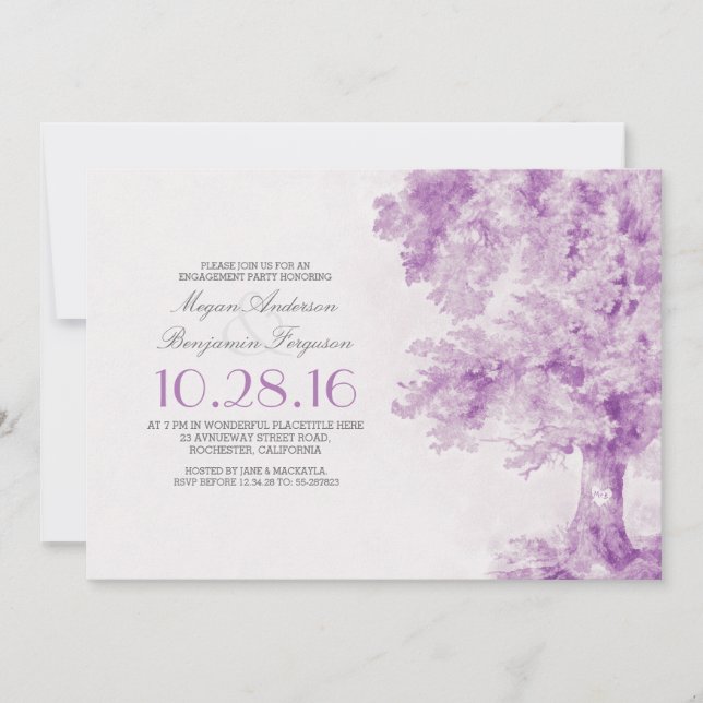 Invitation fête d'fiançailles au coeur pourpre de l'arbre (Devant)