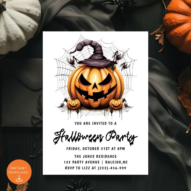 Invitation Fête d'Halloween adulte Citrouille moderne Araigné (Créateur téléchargé)