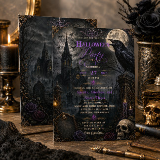 Invitation Fête d'Halloween au cimetière élégant gothique Rav
