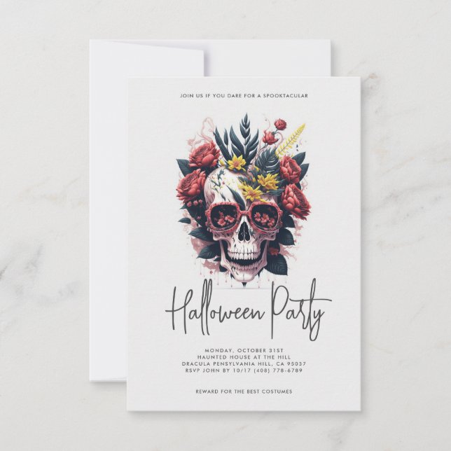 Invitation Fête d'Halloween au crâne floral (Devant)