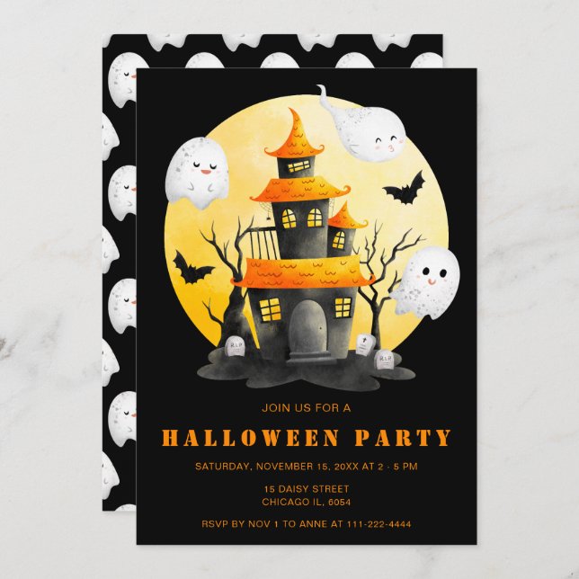 Invitation Fête d'Halloween avec Maison hantée et Fantômes (Devant / Derrière)