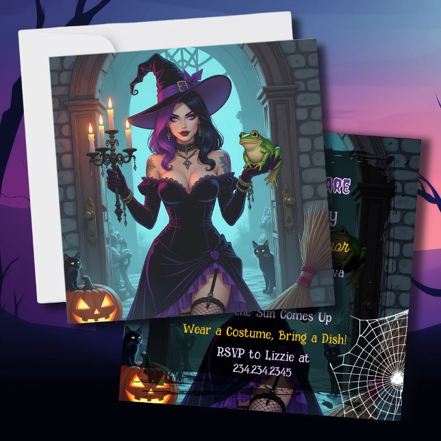 Invitation Fête d'Halloween Black and Purple Witch & Frog (Créateur téléchargé)