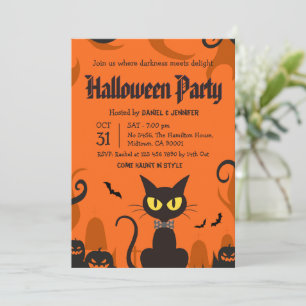 Invitation Fête d'Halloween Chat Noir Fantôme Citrouille Épou