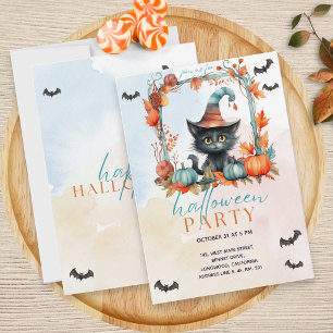 Invitation Fête d'Halloween Chat Noir Patch Citrouille Pastel