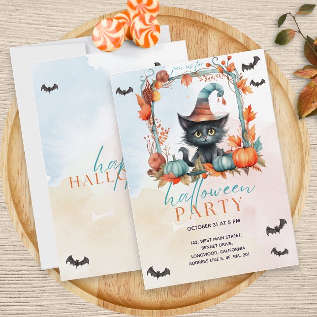 Invitation Fête d'Halloween Chat Noir Patch Citrouille Pastel (Créateur téléchargé)