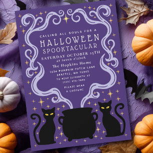 Invitation Fête d'Halloween Chaudron de Sorcière Chat Noir Vi