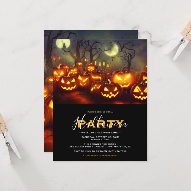 Invitation Fête d'Halloween citrouilles et lunes (Devant/Arrière en situation)