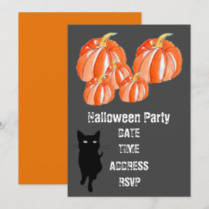 Invitation Fête d'Halloween citrouilles mignons avec chat noi