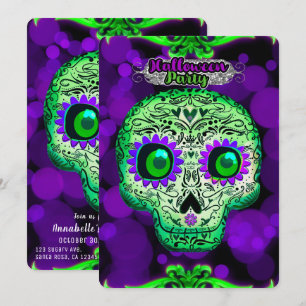 Invitation Fête d'Halloween crâne lumineux vert et violet