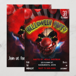 Invitation Fête d'Halloween de clown tueur effrayant et sinis