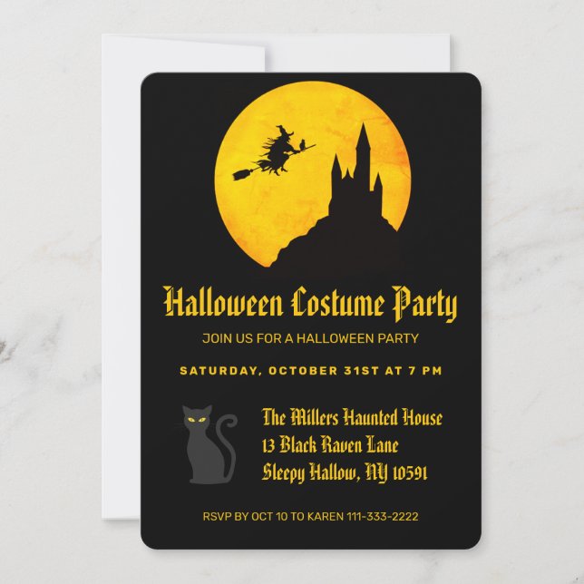 Invitation Fête d'Halloween de sorcière volant (Devant)