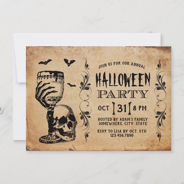 Invitation Fête d'Halloween des chauves-souris crâniennes vin (Devant)