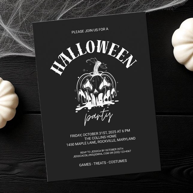 Invitation Fête d'Halloween des Citrouilles noirs et blancs (Black and White Pumpkin Adult Halloween Party Invitation)