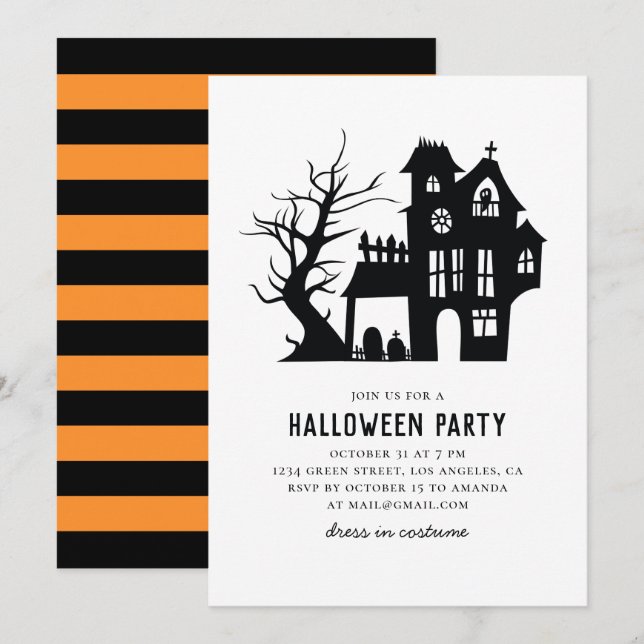 Invitation Fête d'Halloween. Éffrayante maison blanche hantée (Devant / Derrière)