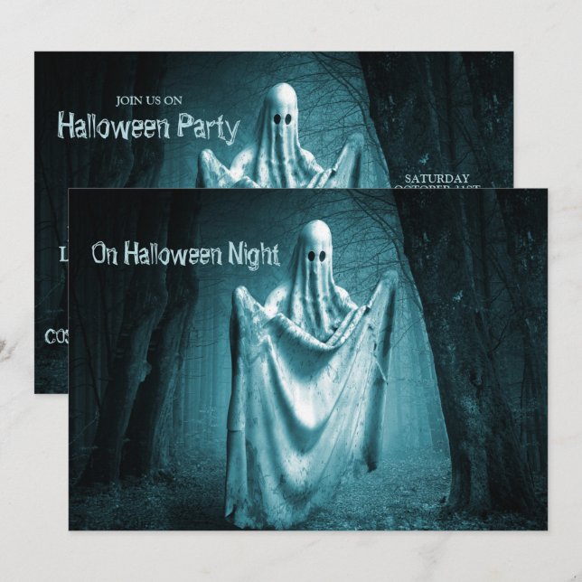 Invitation Fête d'Halloween Fantôme noir bleu nuit noir (Devant / Derrière)