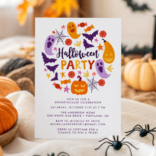 Invitation Fête d'Halloween Fantômes Colorés et Citrouilles