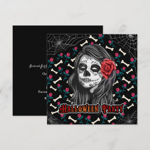 INVITATION FÊTE D'HALLOWEEN FILLE CRÂNE EN SUCRE & ROSES ROUG