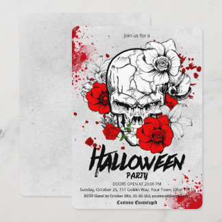 Invitation Fête d'Halloween Fleur Rouge Crâne Esquisse Gothiq