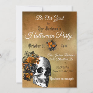 Invitation Fête d'Halloween Fleur Vintage Crâne Orange Noir