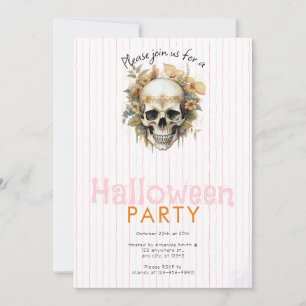 Invitation Fête d'Halloween Fleurie Crâne Bohème Rayures Rose